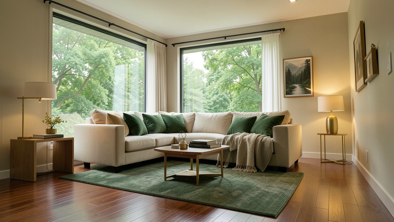 A modern, sunlit living room with large windows, a comfortable sofa, and a view of a green neighborhood, evoking the comfort of home.