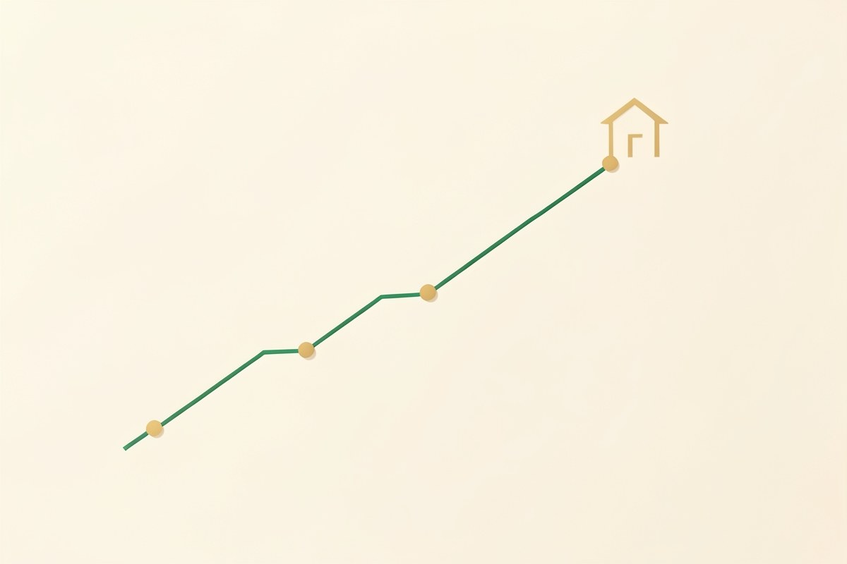 A graph showing an upward trend of mortgage rates over time, with a small house silhouette on top.
