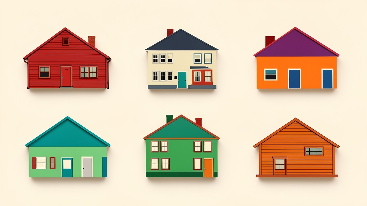 A collage of different house styles representing various mortgage loan types, arranged in a neat grid.