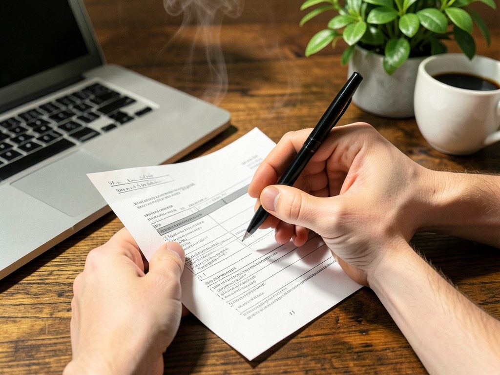A person's hands holding a pen and filling out a mortgage application form on a wooden desk.