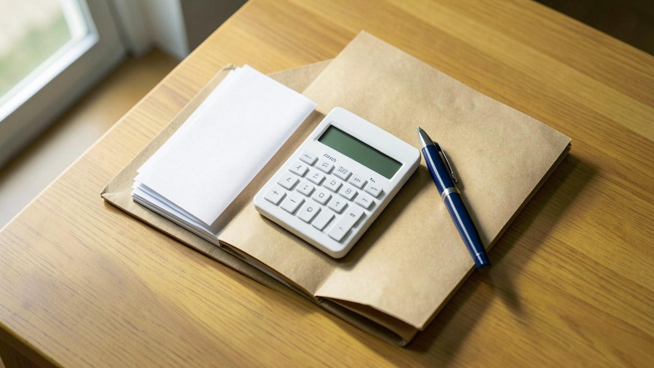 A calculator and a folder with documents on a desk, symbolizing refinancing calculations.