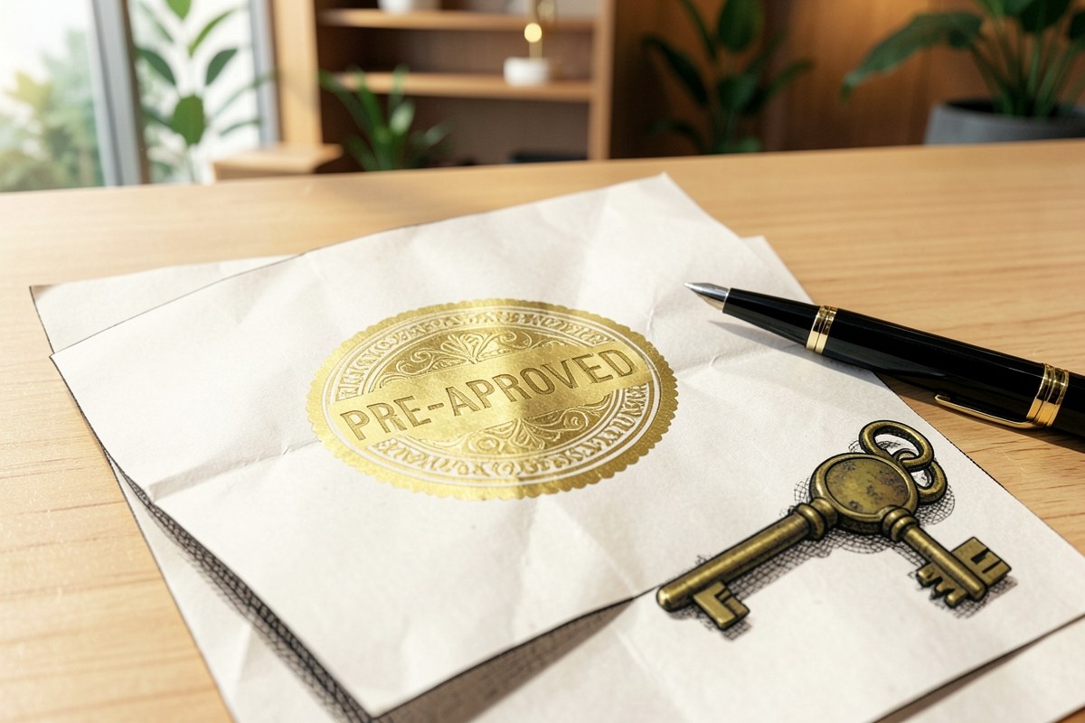 A stamped 'pre-approved' document on a desk with a pen, next to a small house key.