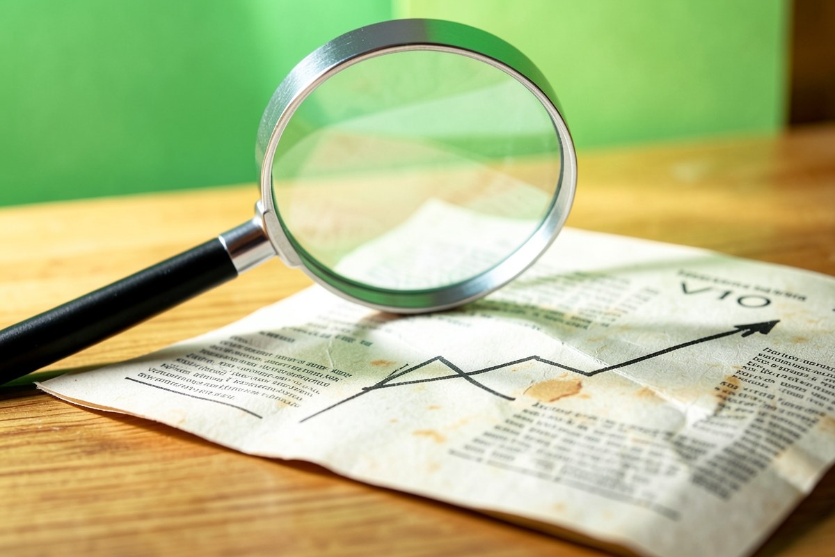 A magnifying glass over a newspaper with a line chart showing interest rate trends.