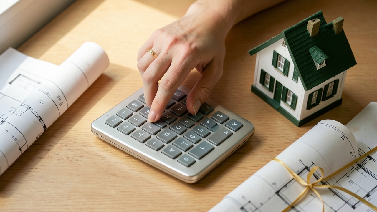 A person using a calculator with a house model and blueprints on a desk.
