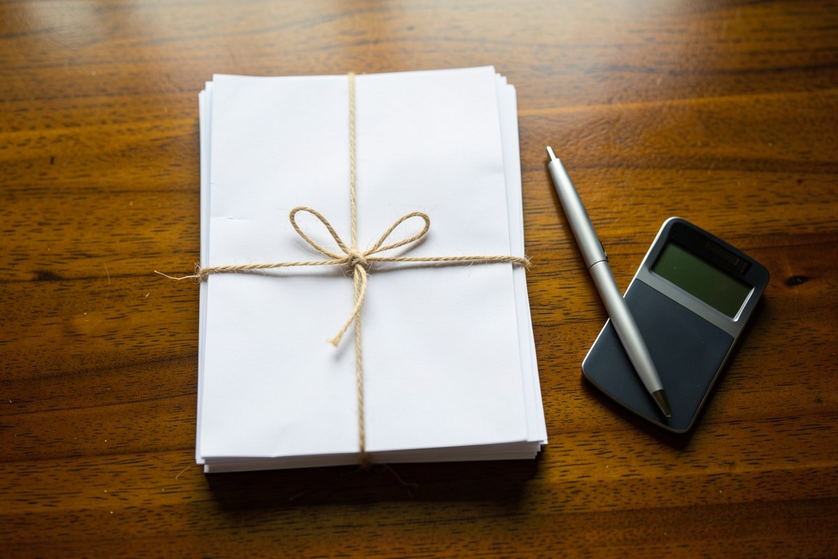 A stack of documents tied with a string, a pen, and a calculator on a desk, representing closing costs.