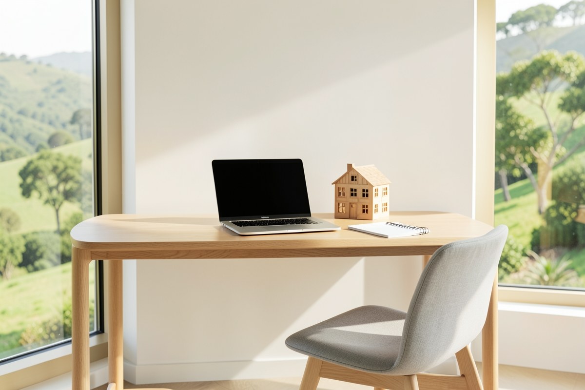 A modern office space with a laptop and a small house model on the desk, representing the company's focus.
