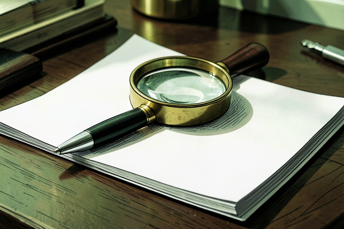 A pen resting on a stack of paper with a magnifying glass, symbolizing fact-checking and research.