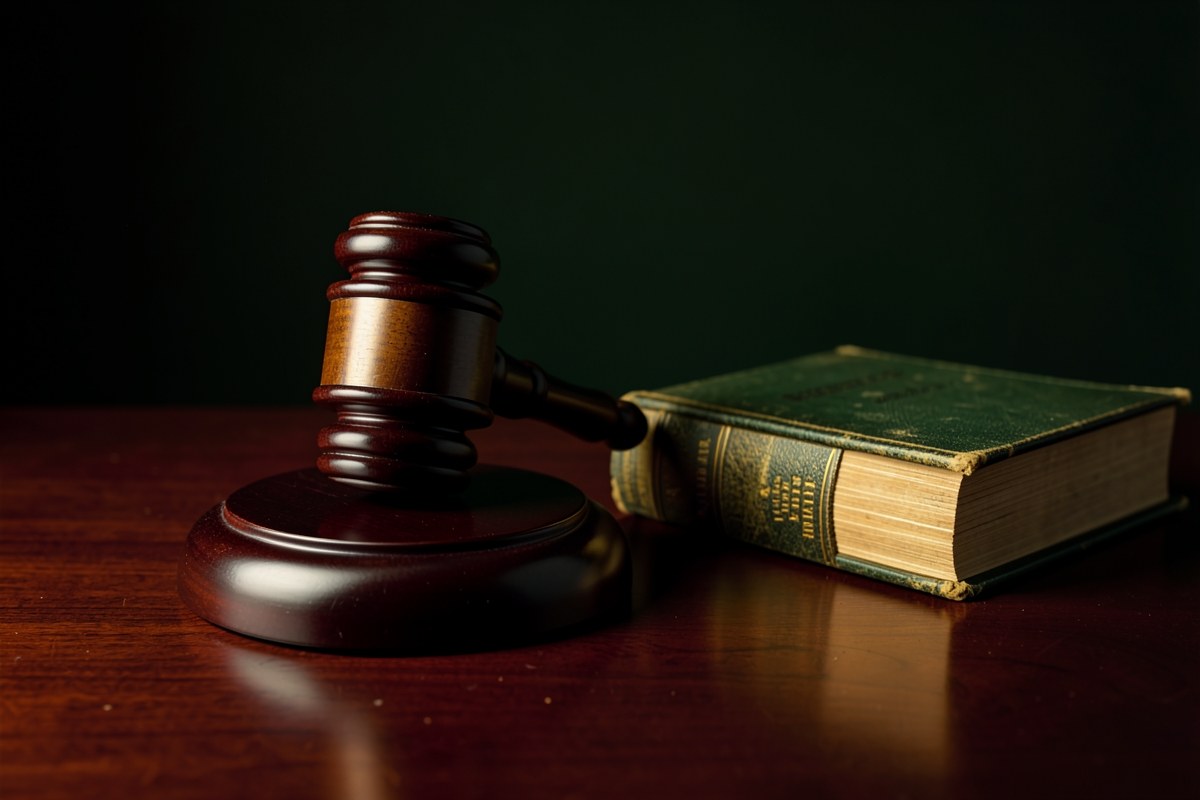 A gavel on a desk with a legal book, representing terms of use.