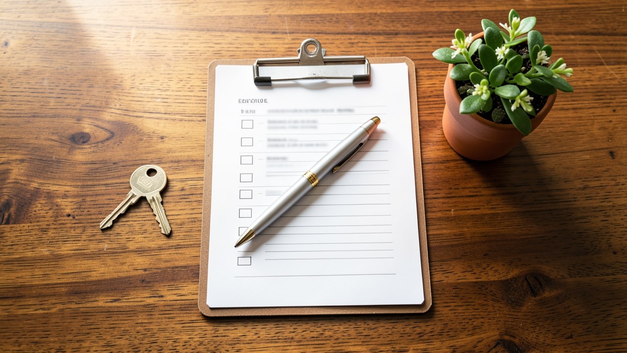 A checklist on a clipboard with a pen and a house key, representing a home buying checklist.